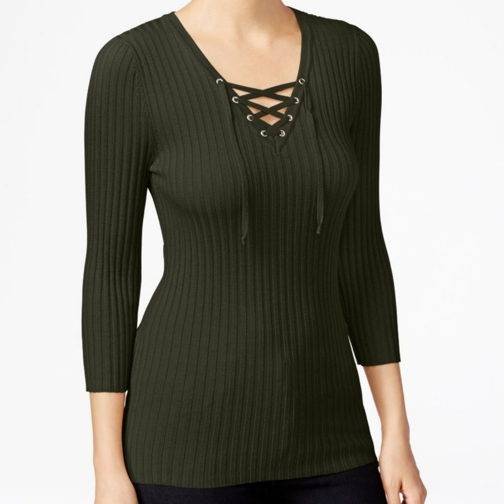 Hooked Up by I.O.T. Green Ribbed Long Sleeve Lace Up V Neck Top Size Medium - Picture 3 of 8